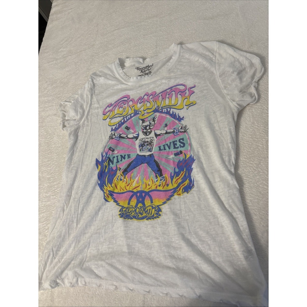 Aerosmith Nine Lives Recycled Karma Distressed Graphic Band T Shirt L